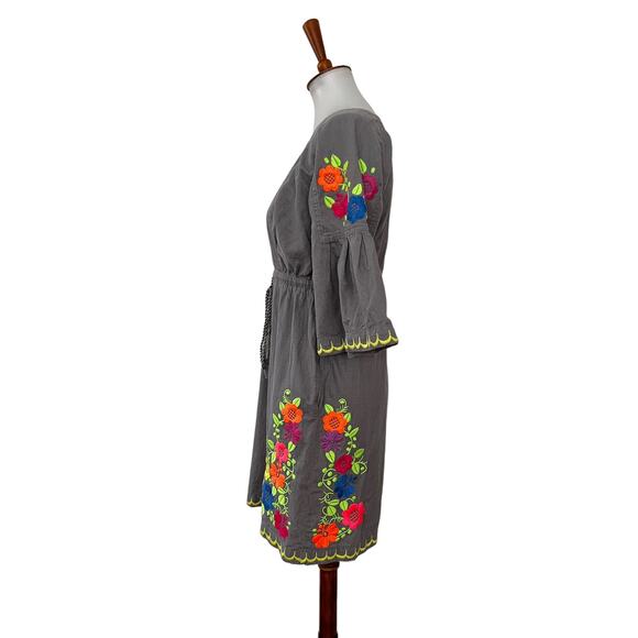 Ivy Jane Womens Boho Floral Embroidered Dress Drawstring Waist Gray S Small - Picture 4 of 8